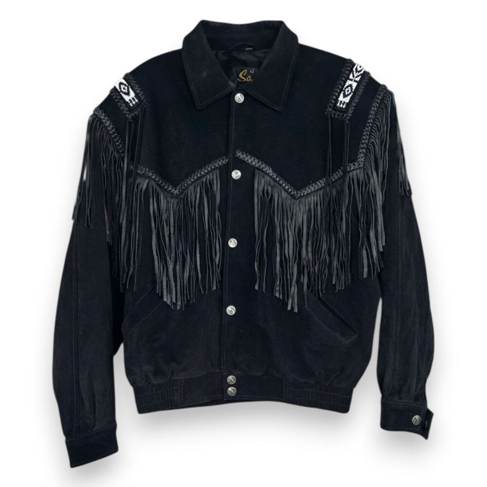 Scully Men's 44 L Black Suede Fringe Western Jacket Beaded Cowboy Boho